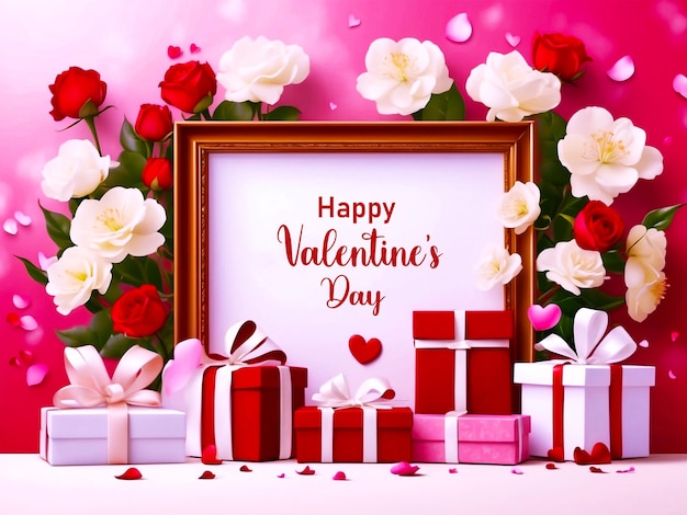 Happy Valentines Day greeting card with gifts