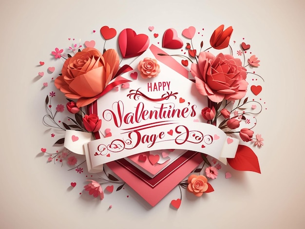 Happy Valentines Day lettering typography on red background with heart Vector illustration