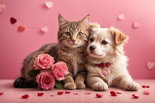 Happy valentines day Lovely cat and dog Romantic concept Celebration of 14 February Hand drawn vector illustration on pink background Best for websites banners or printing