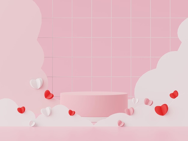 Happy Valentines Day Minimal sweet love scene with display podium for mock up and product 3D render