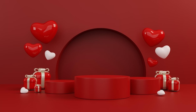 Happy valentines day red podium stage sweet heart shape and gift box for product present 3D render