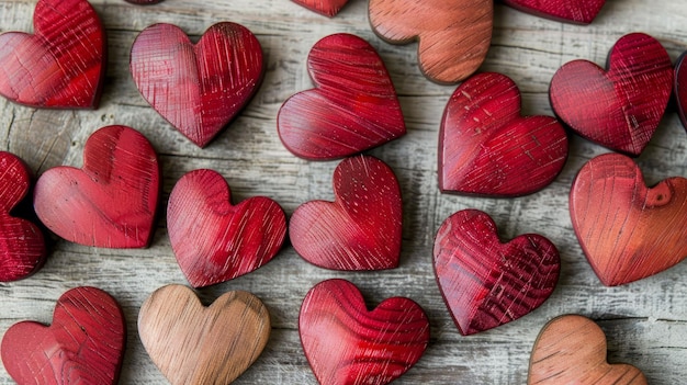 Happy Valentines Day Valentine Love Wedding birthday greeting card background Closeup of red wooden hearts on wood table texture flat lay top view