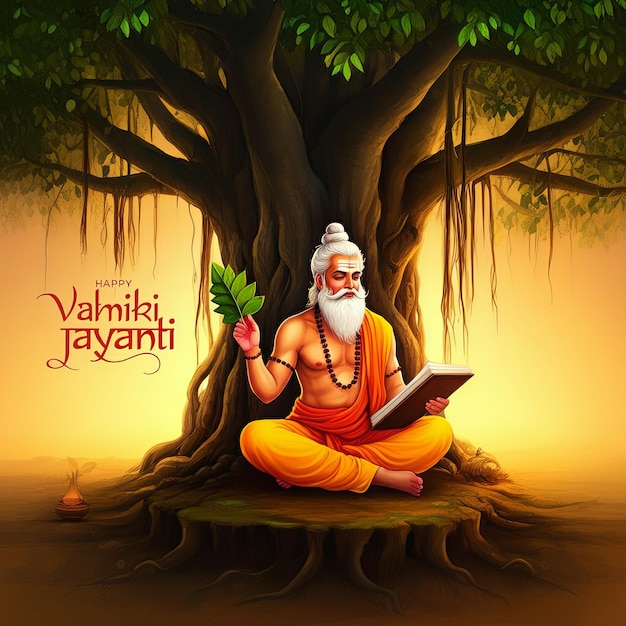 Happy Valmiki Jayanti illustration of Maharishi Valmiki sitting under a large banyan tree with manus