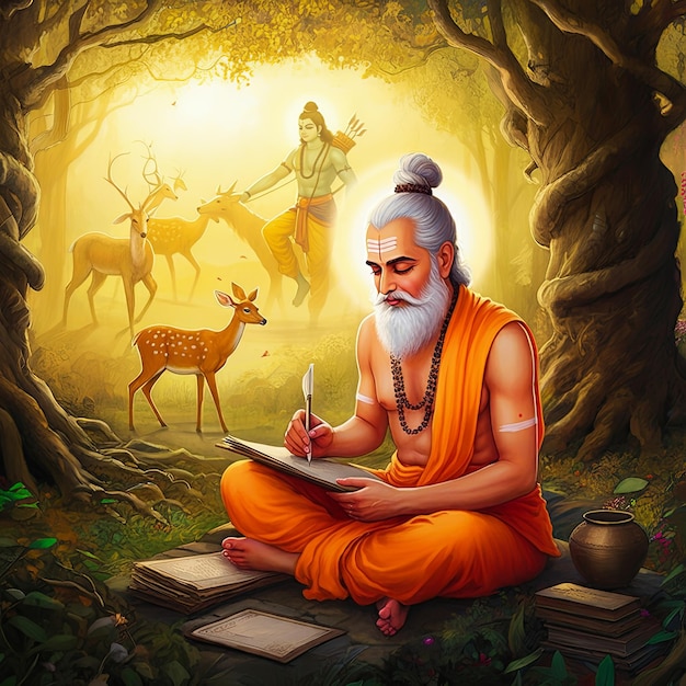 Happy Valmiki Jayanti illustration of Maharishi Valmiki sitting under a large banyan tree with manus