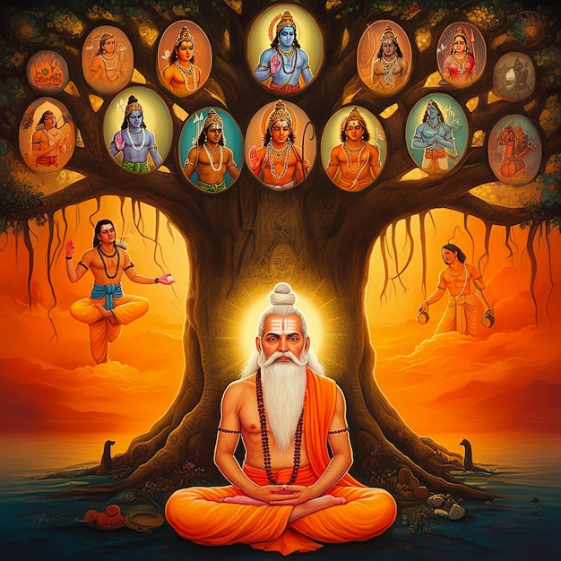 Happy Valmiki Jayanti illustration of Maharishi Valmiki sitting under a large banyan tree with manus