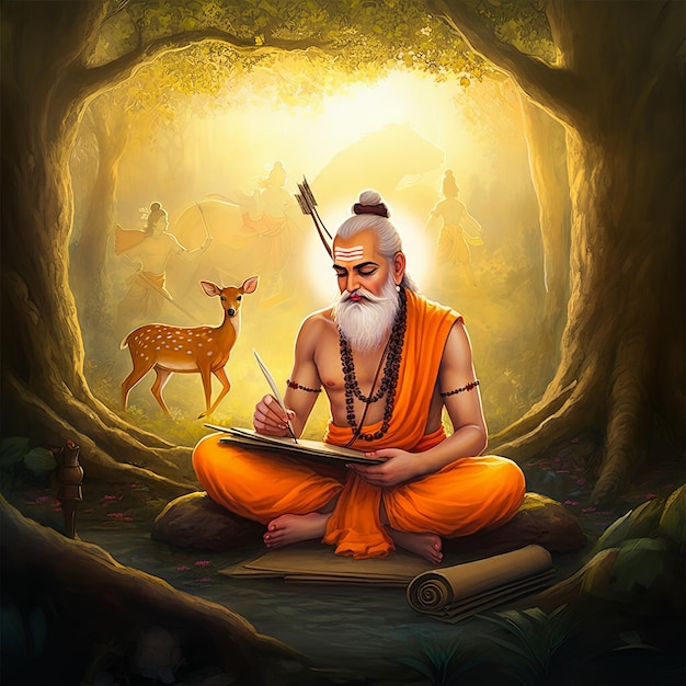 Happy Valmiki Jayanti illustration of Maharishi Valmiki sitting under a large banyan tree with manus