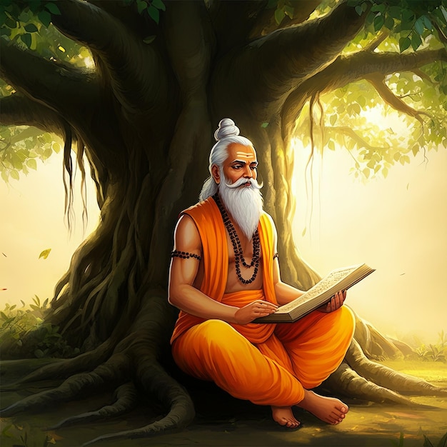 Happy Valmiki Jayanti illustration of Maharishi Valmiki sitting under a large banyan tree with manus