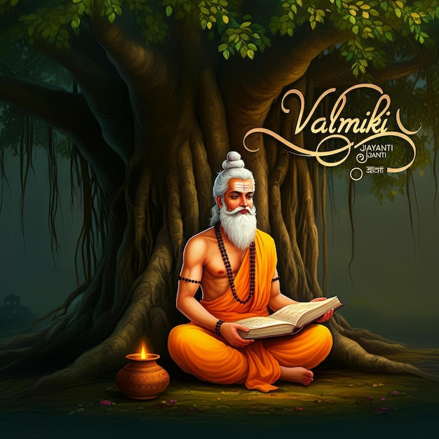 Happy Valmiki Jayanti illustration of Maharishi Valmiki sitting under a large banyan tree