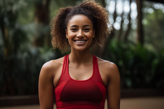 Happy Very Cute Brown Skin Woman on Yoga Mat Generative Ai