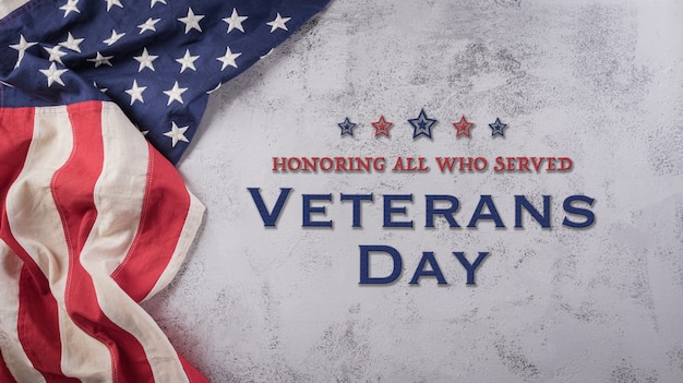 Happy Veterans Day concept American flags against a dark stone  background November 11