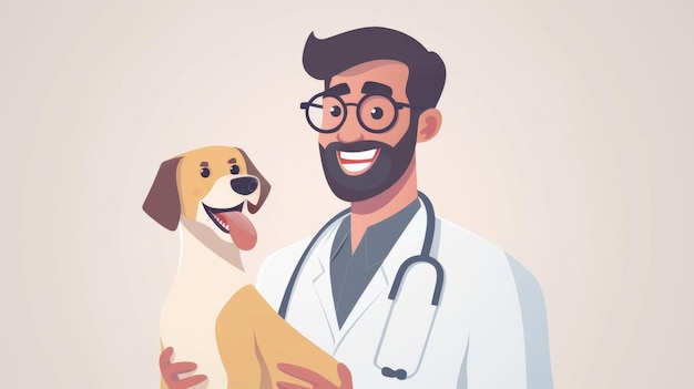 Happy Veterinarian or Doctor With Dog at Vet Clinic Concept of Care Education Training and Raising o