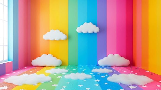 a happy and vibrant room with bright rainbow stripes and cloud patterned floor