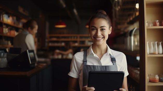 Happy waitress or restaurant owner holding a tablet looking at camera holding a digital tablet