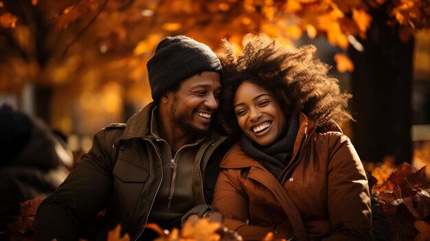 Photo happy warmly dressed young loving african american couple laugh as they enjoy the beautiful fall leaves in the park generative ai