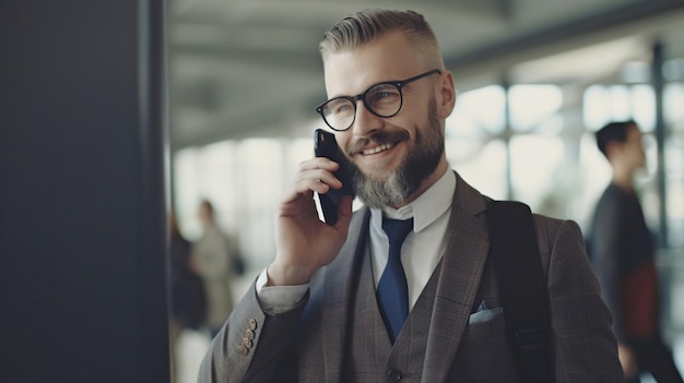 Happy wealthy businessman using Generative AI while standing in an airport and speaking on his phone