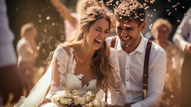 Photo happy wedding couple guests throwing confetti over bride and groom