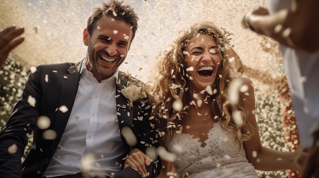 Photo happy wedding couple guests throwing confetti over bride and groom