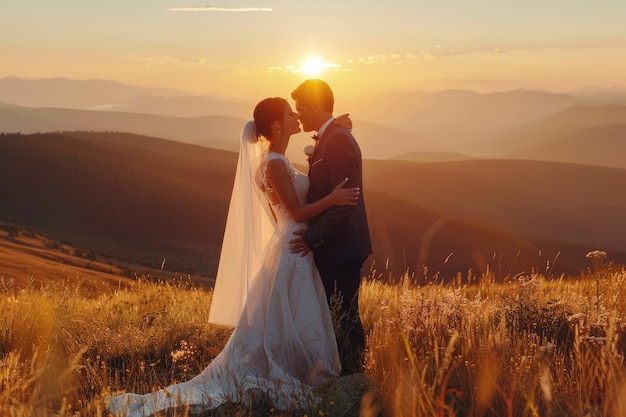 Happy wedding couple staying and kissing over the beautiful landscape with mountains during sunset