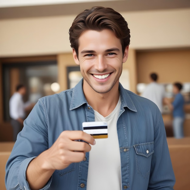 Happy Western Man Proudly Displaying Credit Card to Camera