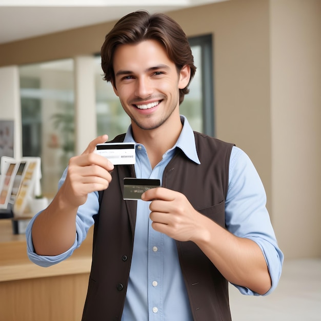 Happy Western Man Proudly Displaying Credit Card to Camera