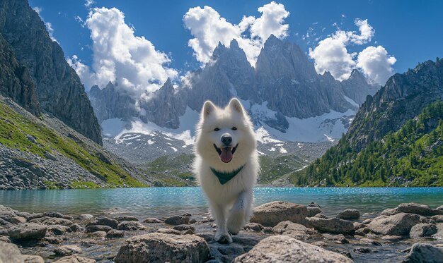 Happy white dog standing by a mountain lake with snow capped peaks in the background