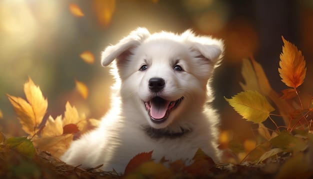 Happy white puppy in autumn leaves in the park Generative AI