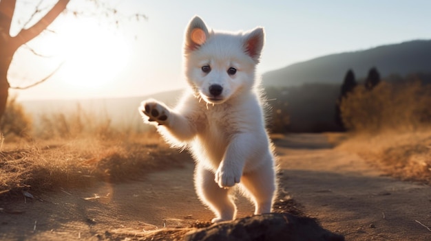 Happy white puppy in nature Generative AI