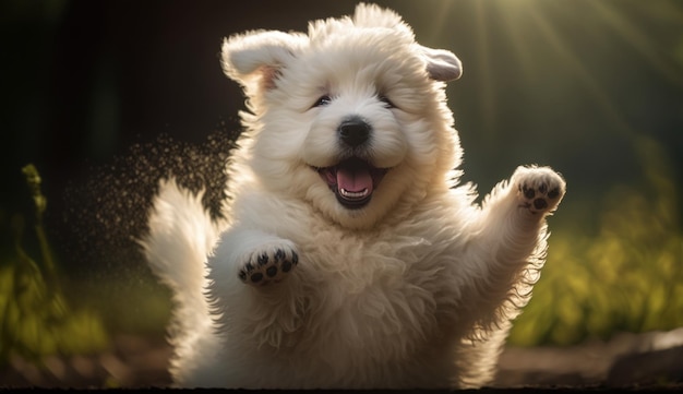 Happy white puppy in nature Generative AI