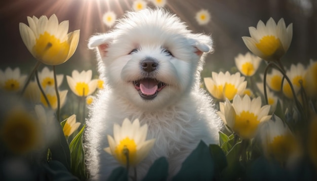 Happy white puppy among white flowers in nature Generative AI