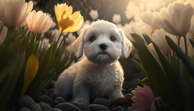 Happy white puppy among white flowers in nature Generative AI