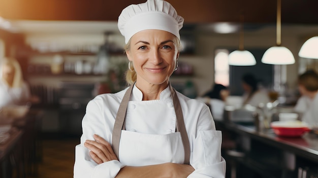 Happy White Woman Chef in Restaurant Kitchen