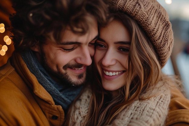 Happy Winter Couple Portrait A joyful smiling couple in winter radiating love happiness and togetherness