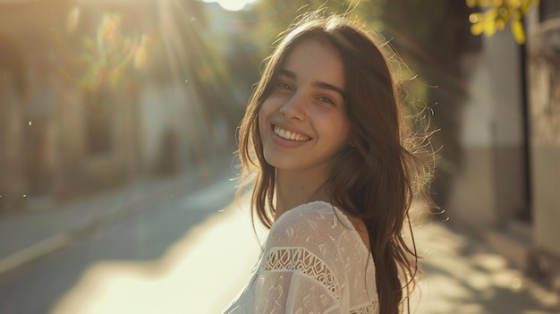 A happy woman 20 years old dressed in white facing the camera positioned on the left side of the scene smiling very happy realistic image ar 169 Job ID 5db00c5de16f41b78d2af6c094ab143f