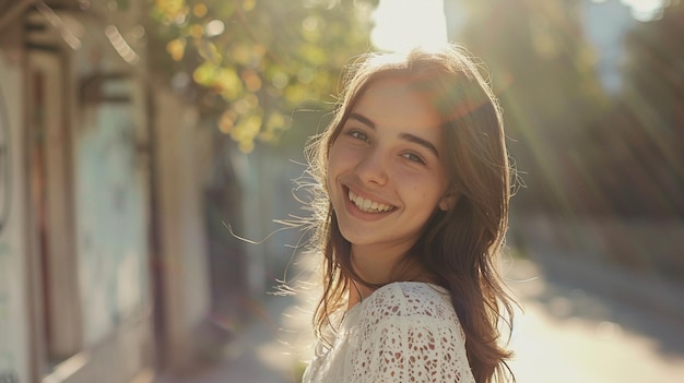 A happy woman 20 years old dressed in white facing the camera positioned on the left side of the scene smiling very happy realistic image ar 169 Job ID 5db00c5de16f41b78d2af6c094ab143f