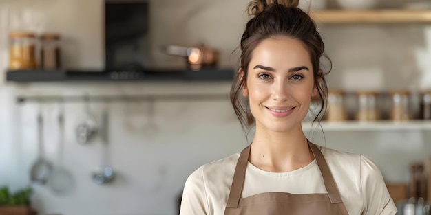 Happy woman in apron symbolizing cooking and culinary creativity in kitchen Concept Cooking Enthusiast Culinary Creativity Kitchen Inspiration