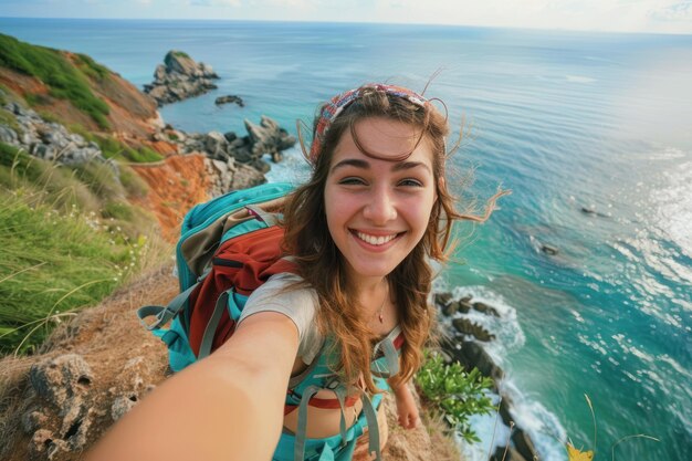 Photo happy woman backpacker traveler take a selfie photo on amazing ocean coast