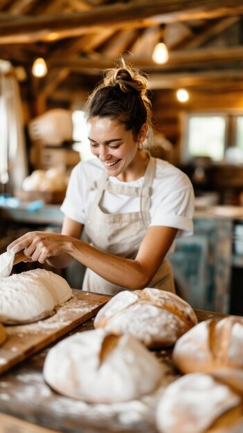 Happy Woman Baking in Cozy Kitchen with Blurred Realistic Baking Tools and Warm Tones Joyful Baking