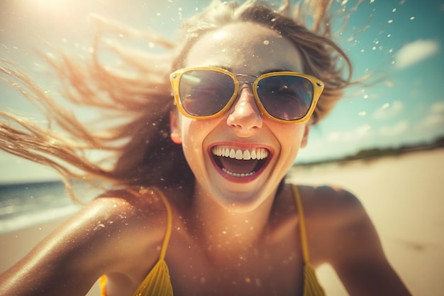 A happy woman on the beach smiling out loud Ai generated