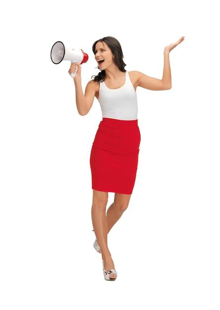 happy woman in blank white t-shirt with megaphone