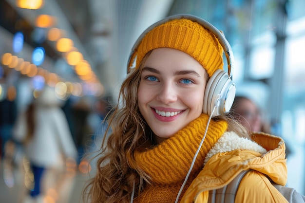 happy woman in bright comfy clothes and headphones in the airport using smartphone ai generated