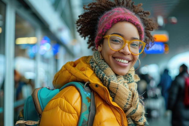 happy woman in bright comfy clothes and headphones in the airport using smartphone ai generated