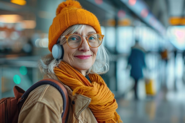 happy woman in bright comfy clothes and headphones in the airport using smartphone ai generated