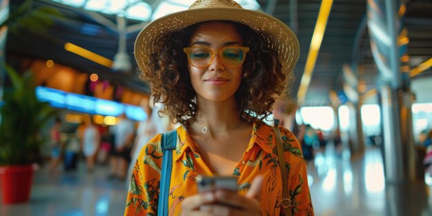 happy woman in bright comfy summer clothes in the airport using smartphone ai generated