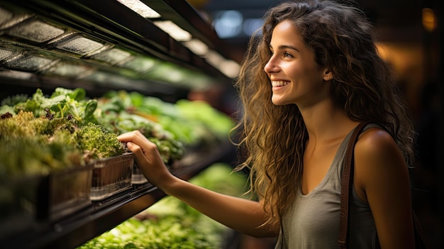 happy woman buying groceries green healthy hydroponic products in supermarket shop