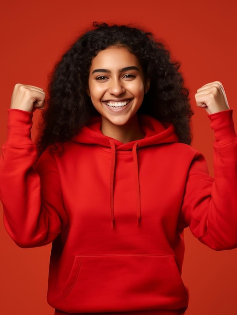 Happy woman celebrating on a solid background