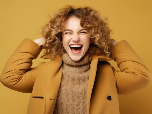 Happy woman celebrating on a solid background