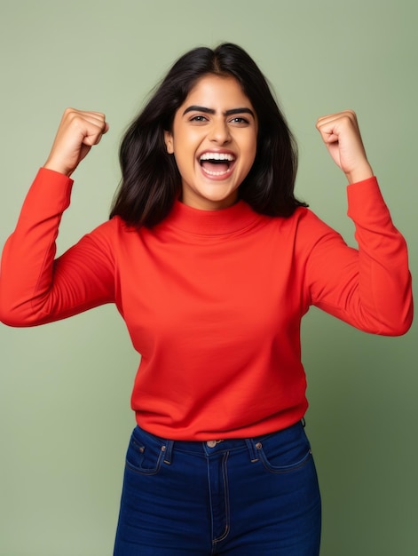 Happy woman celebrating on a solid background