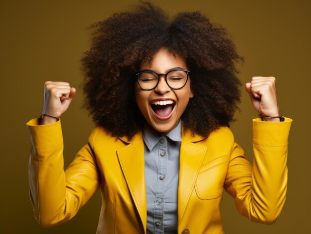 Happy woman celebrating on a solid background