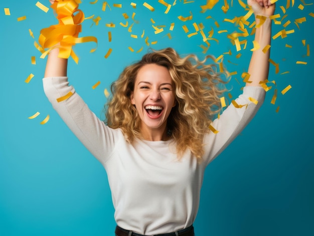 Happy woman celebrating on a solid background