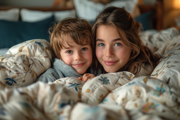 Happy Woman and Children Enjoying Quality Time Together in a Spacious Bed